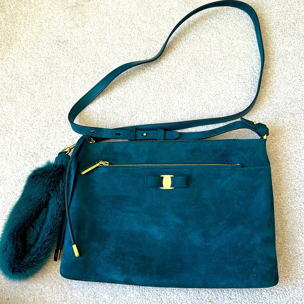 Salvatore Ferragamo Green Suede Wristlet, Clutch + Crossbody Handbag-Beautiful!